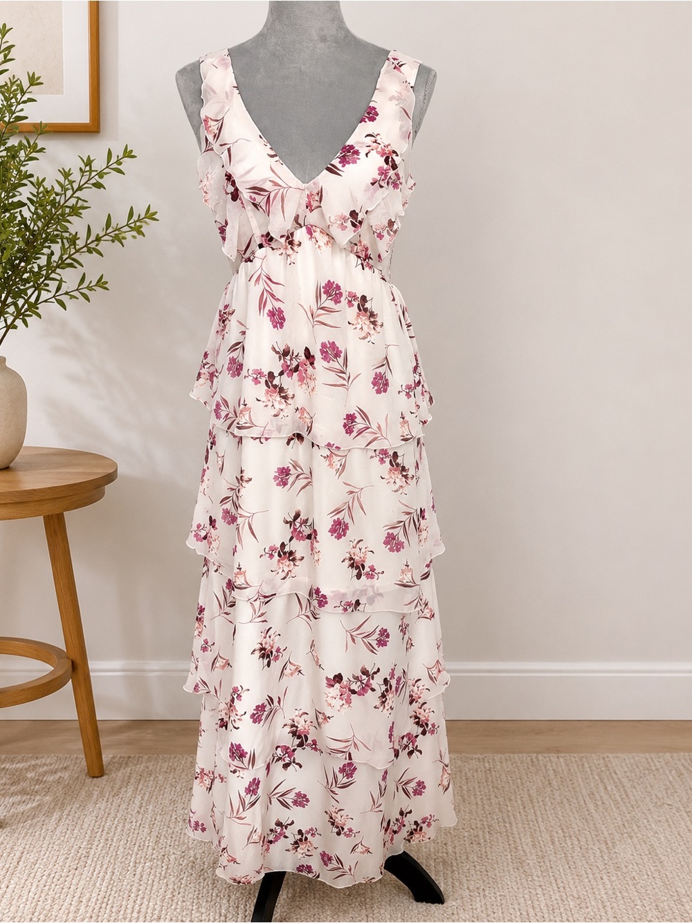 Floral Ruffle V-Neck Maxi Dress - White with Dusty Rose